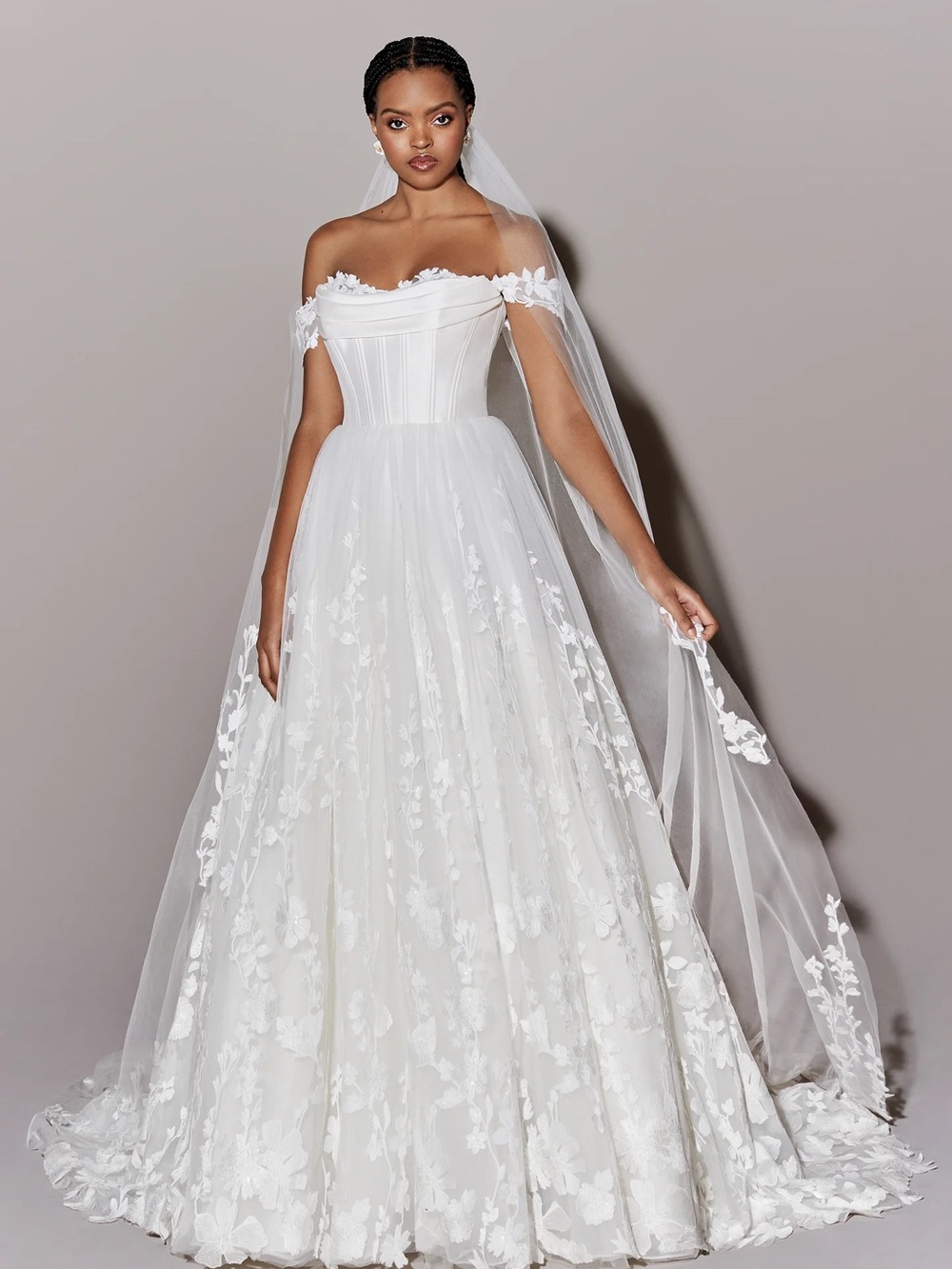 Off-Shoulder White Floral Lace Wedding Dress